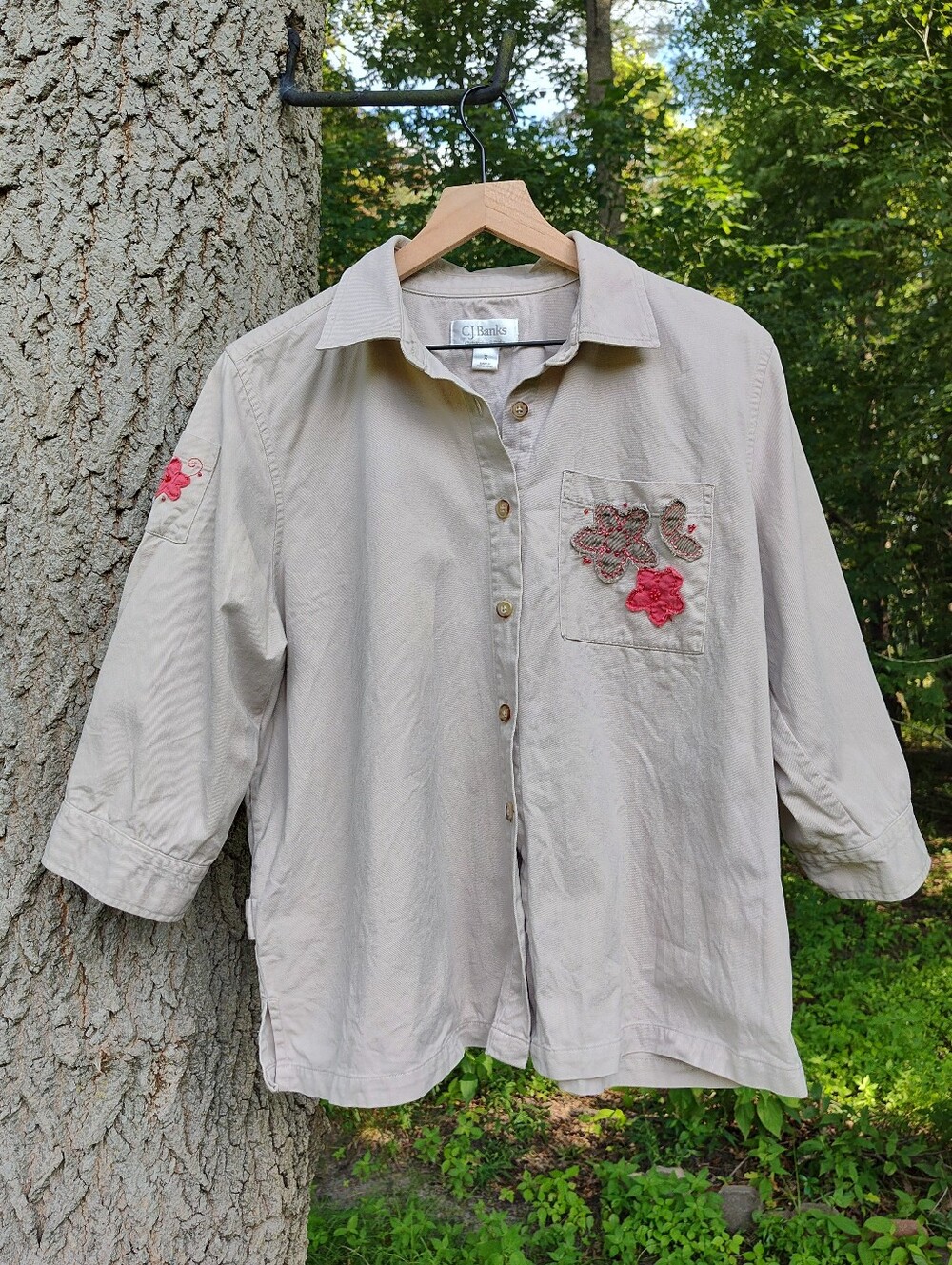 Embellished Beaded Raw Edge Button Up Shirt Jacket Cotton Sz X/1X Khaki Pink '05